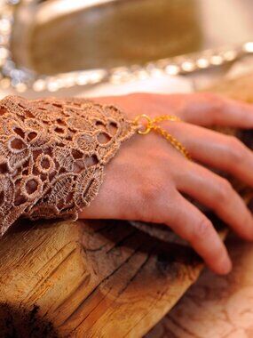 Handmade Venetian Lace Wrist Cuff Gauntlet | Gold-tone Chain | Upcycled